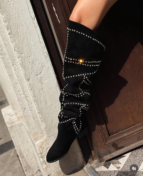 PEACE XL Kesimli Taşlı Süet Diz Üstü Çizme