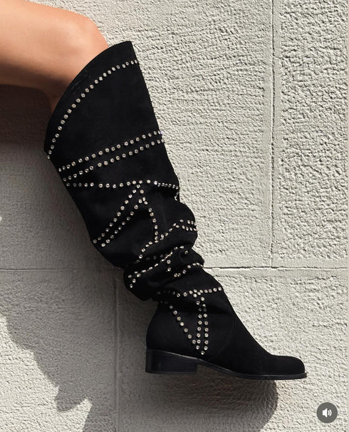 PEACE XL Kesimli Taşlı Süet Diz Üstü Çizme