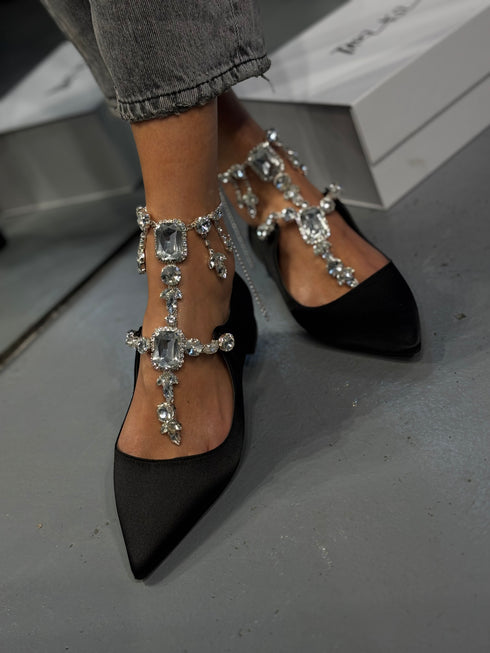 Baroc Siyah Kristal Aksesuarlı Babet