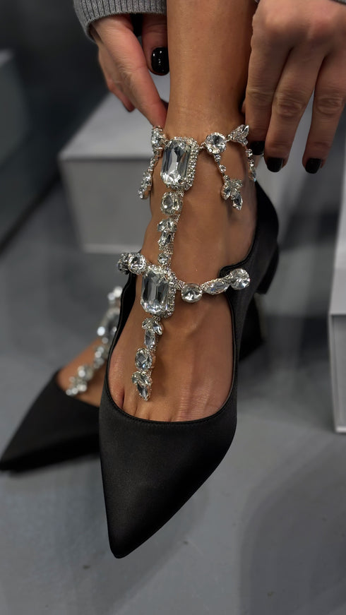 Baroc Siyah Kristal Aksesuarlı Babet