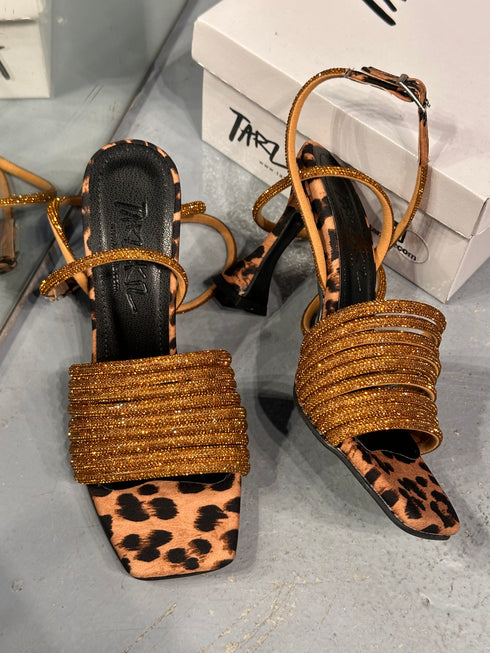 1087 SARI İPLİ LEOPAR TOPUKLU SANDALET