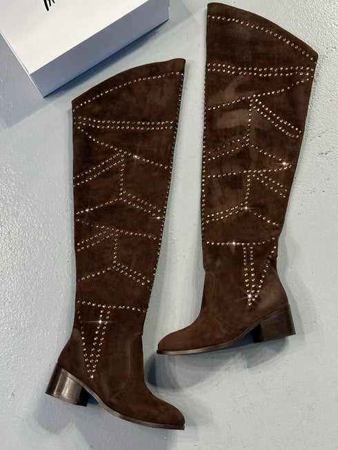 PEACE Kahverengi XL Kesimli Taşlı Süet Diz Üstü Çizme