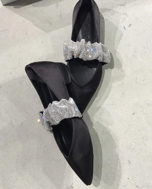 GALIA SİYAH SATEN KRİSTAL TAŞLI DÜZ AYAKKABI