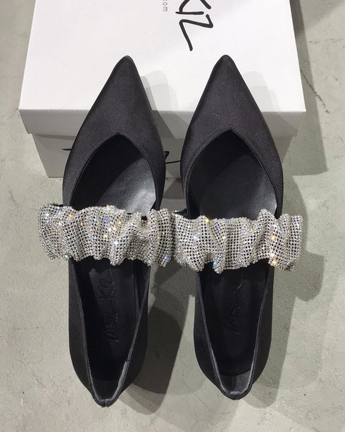 GALIA SİYAH SATEN KRİSTAL TAŞLI DÜZ AYAKKABI