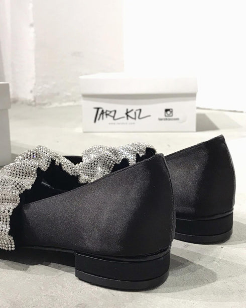 GALIA SİYAH SATEN KRİSTAL TAŞLI DÜZ AYAKKABI