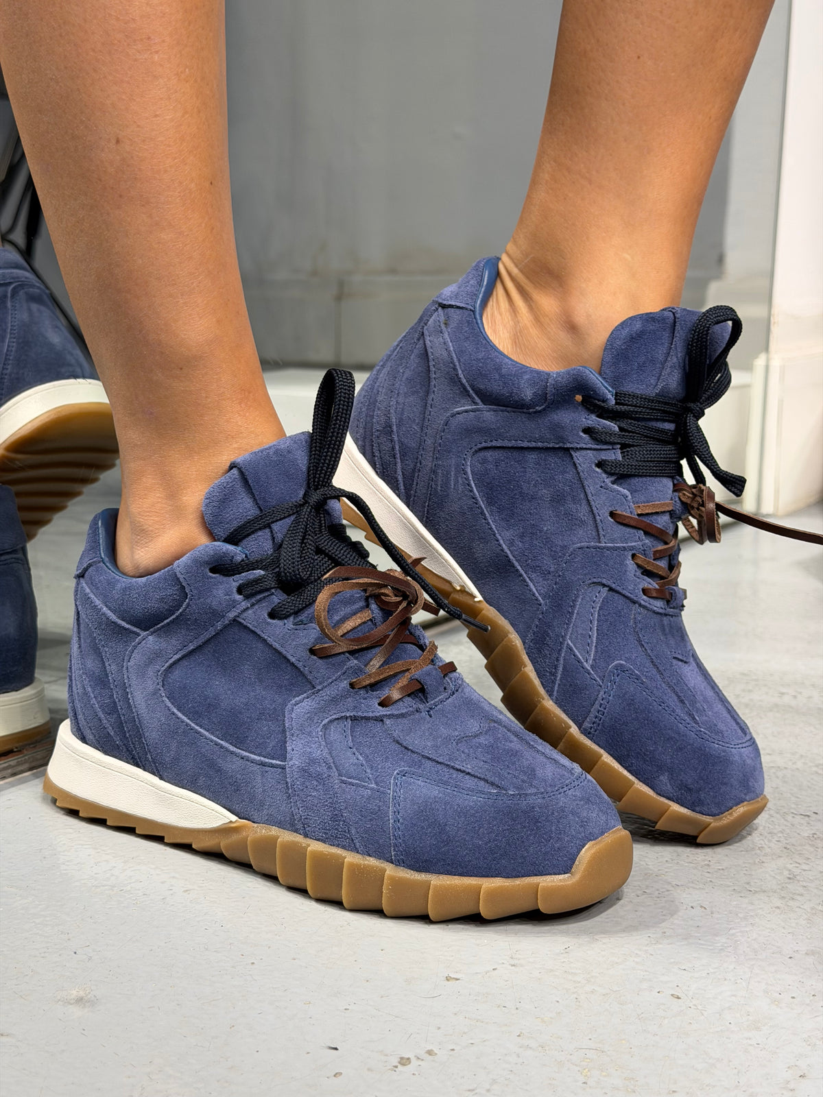 ALURE Denim Rengi 5cm Gizli Topuklu Hakiki Deri Spor Ayakkabı