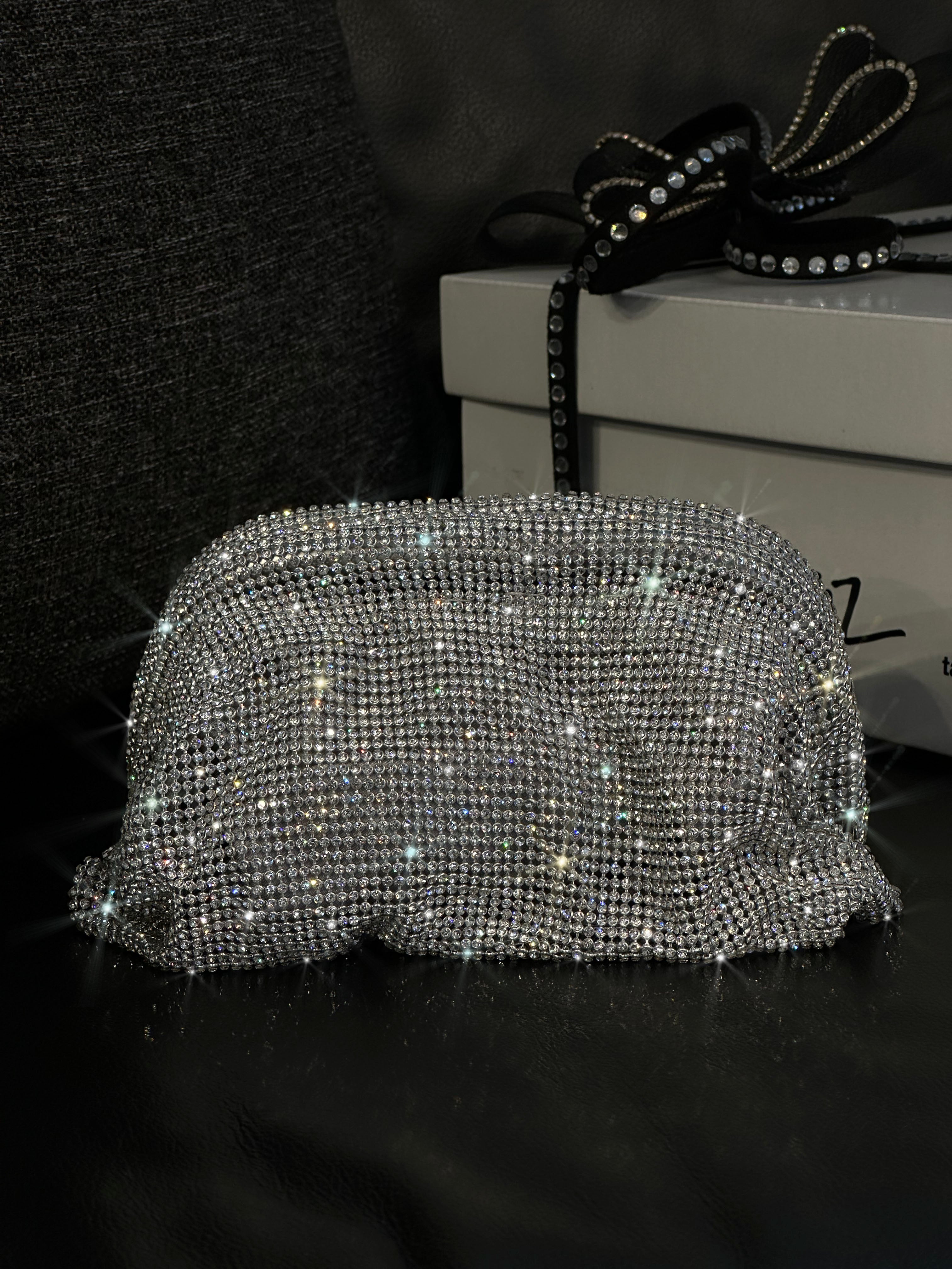 Glamour Gümüş Taşlı Clutch Gece Çanta