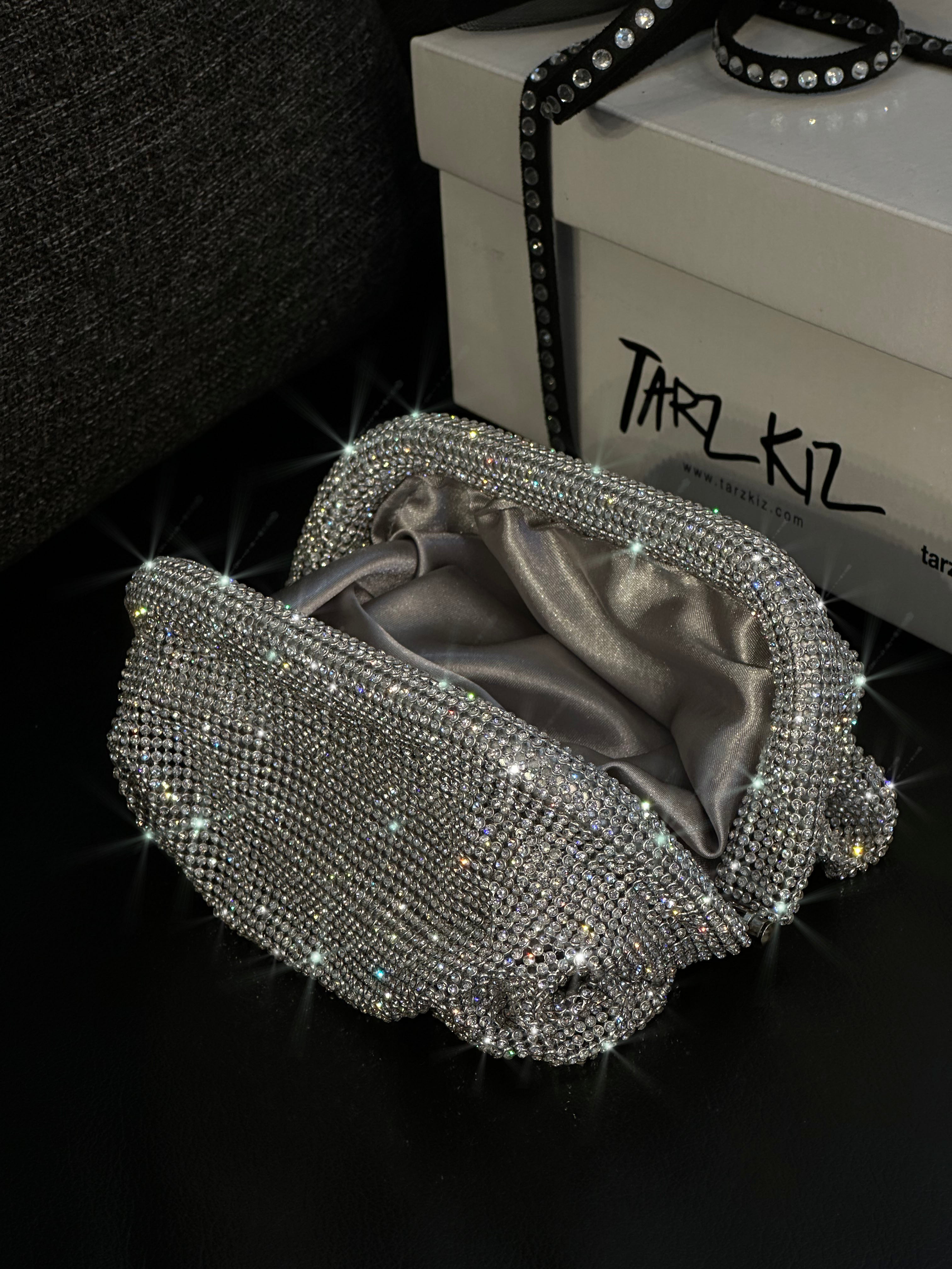 Glamour Gümüş Taşlı Clutch Gece Çanta