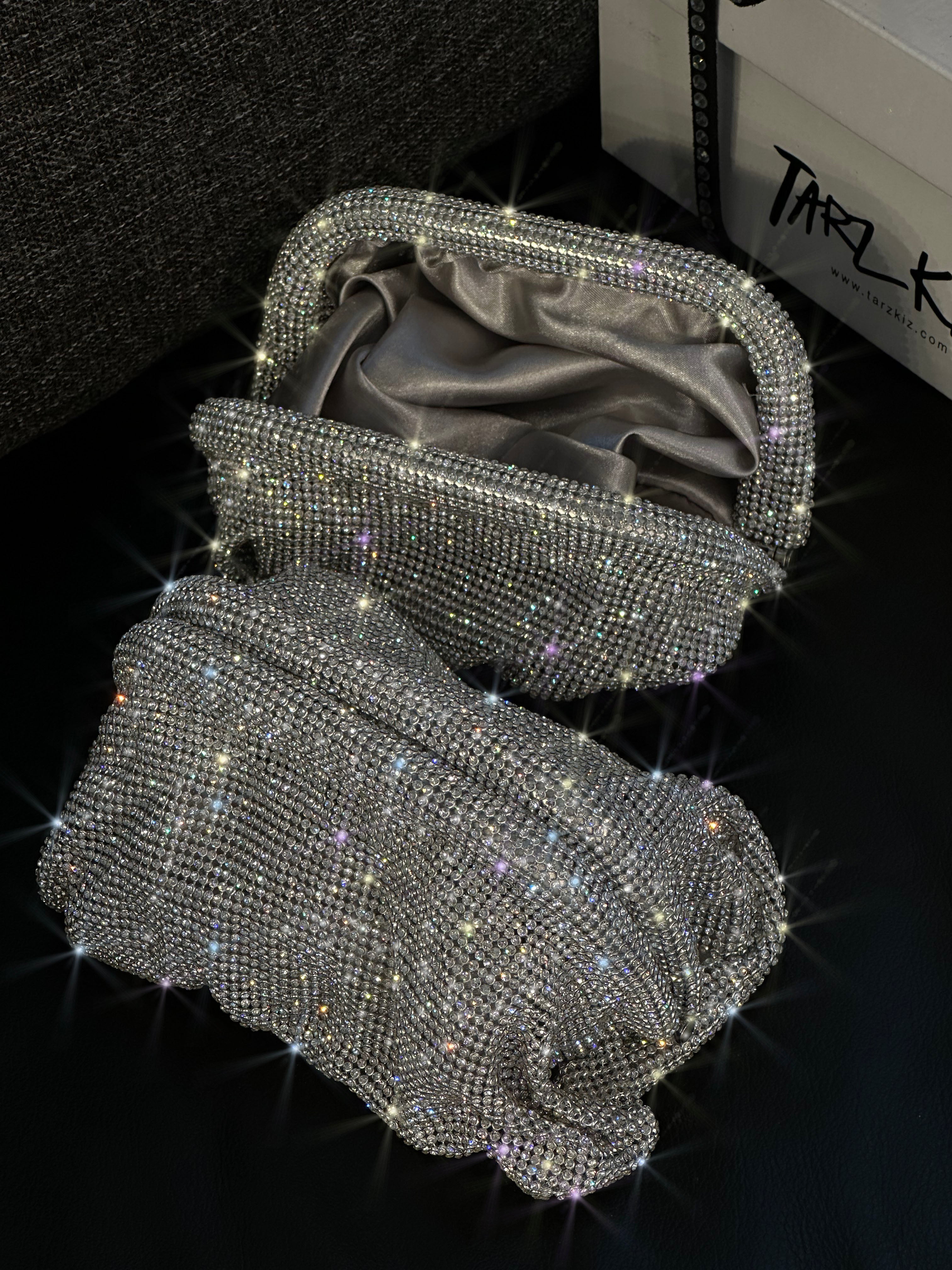 Glamour Gümüş Taşlı Clutch Gece Çanta