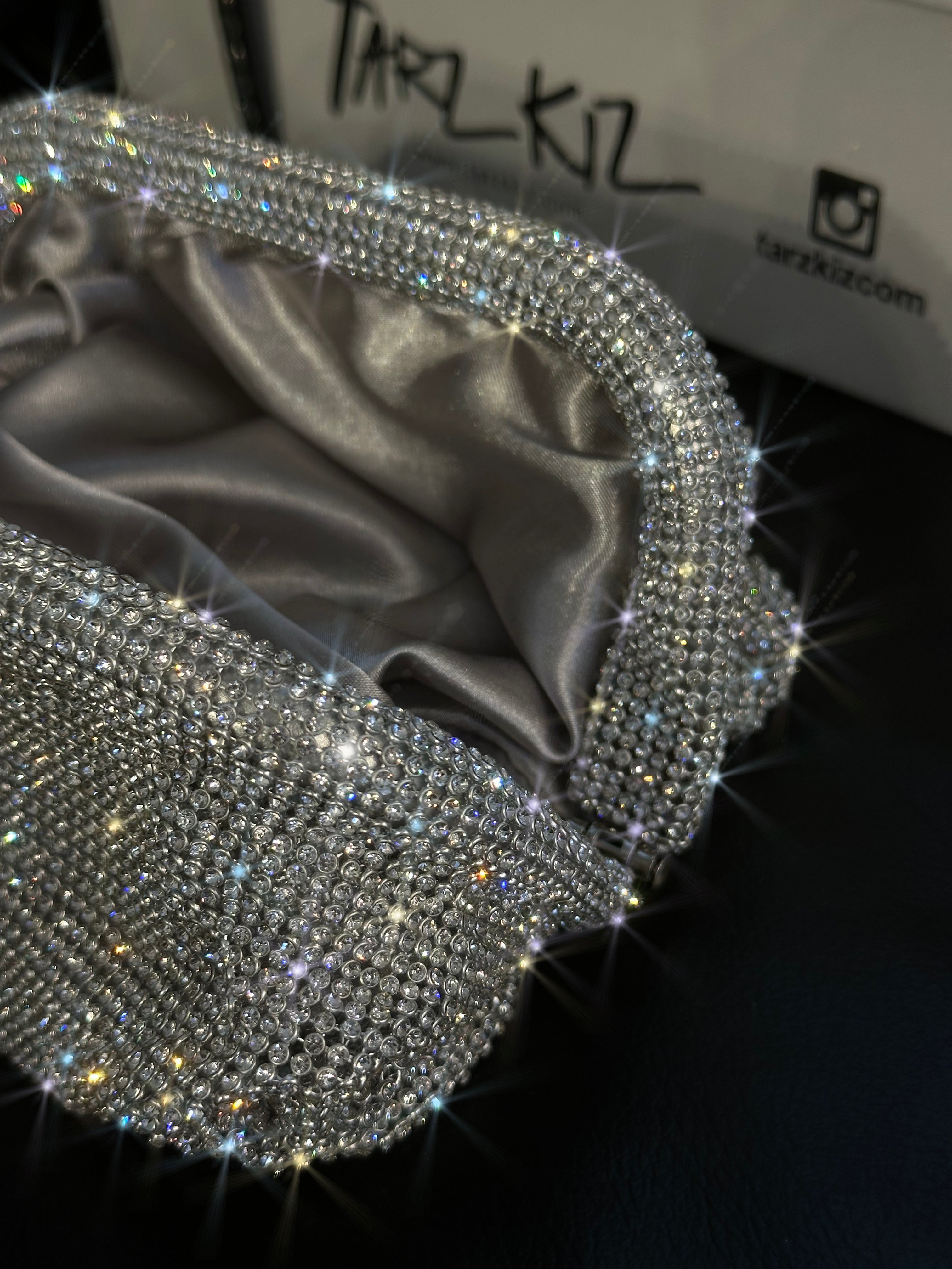 Glamour Gümüş Taşlı Clutch Gece Çanta
